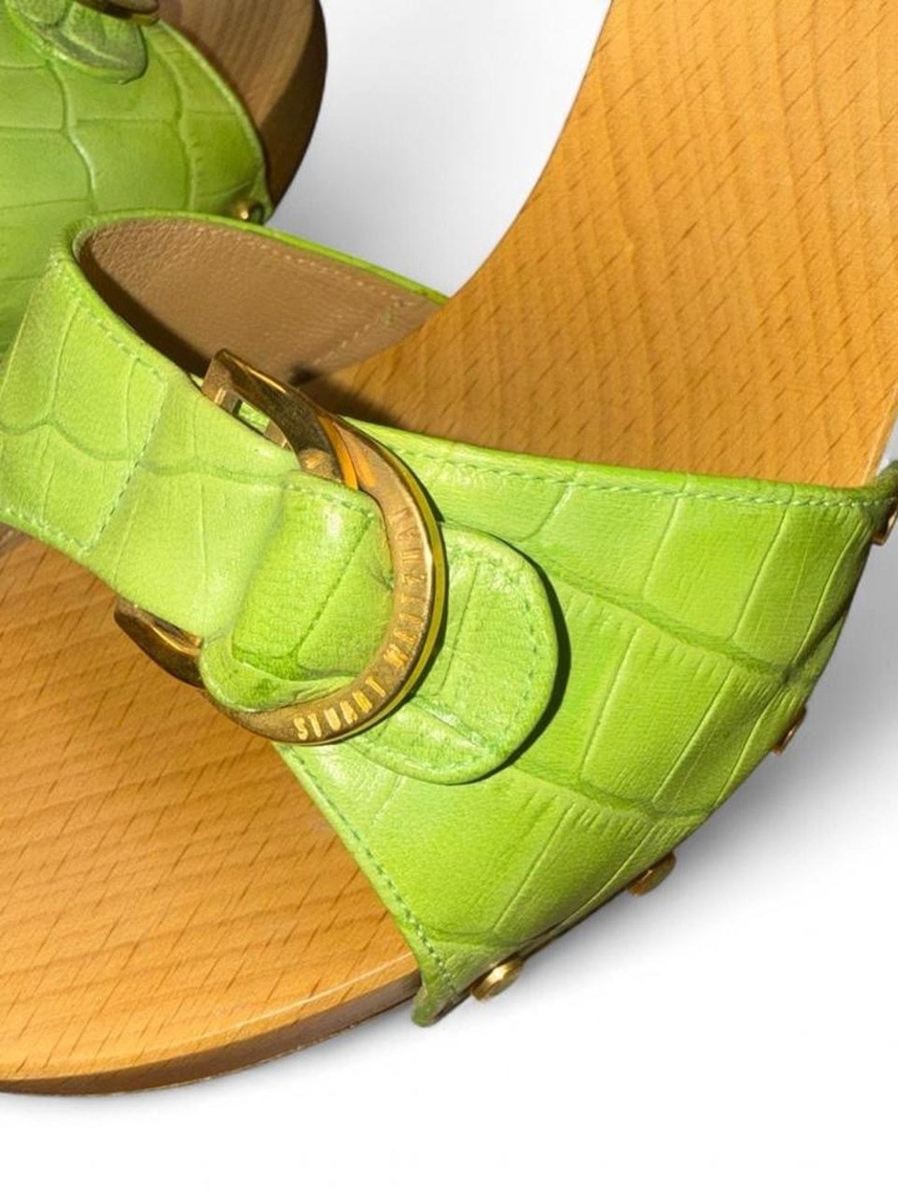 Y2K Stuart Weitzman Lime Green Croc-Embossed Leather Wood Block Heel Mules - Picture 5 of 6